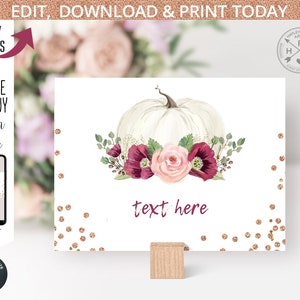 Food labels cards pumpkin rose gold glitter burgundy pumpkins label tent card birthday or shower party. EDITABLE template. 084HPA 12 085HPA