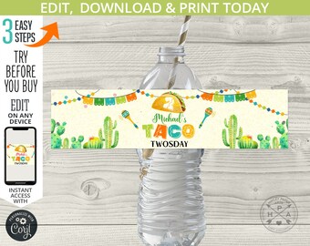 Taco twosday boy birthday party bottle label. Cactus succulent kids fun tacos fiesta boy. Editable printable. Instant access. 116HPA 12 D