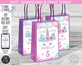 May include: Three purple and white favor bags with a unicorn design and the text "Magical birthday celebration". The bags have a silver glitter design and pink, blue, and purple flowers. The text "Isabella is 5" is on the front of the bags.