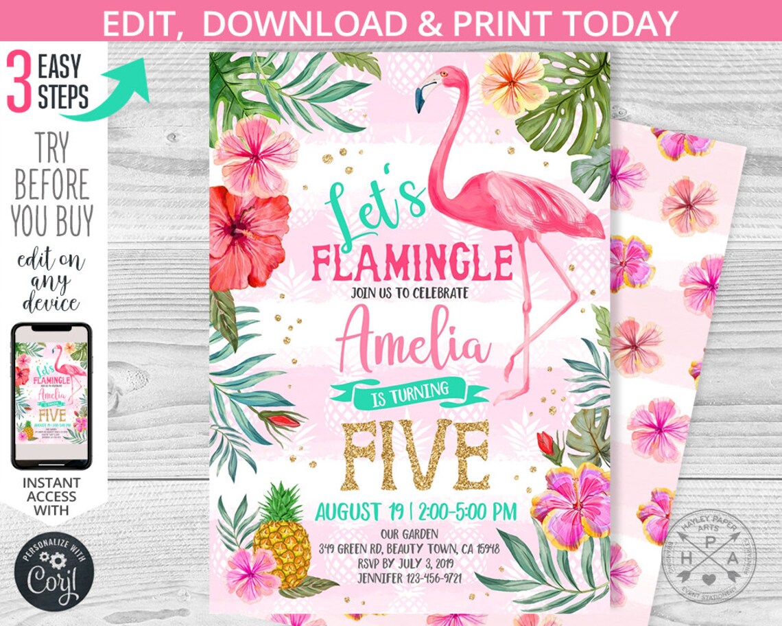Let's Flamingle Birthday Invitation Flamingo Tropical Pineapple Invite ...