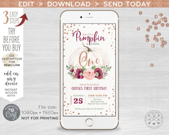 Little pumpkin ONE electronic first birthday fall invitation burgundy rose gold smartphone e-vite, digital selfediting invite E085 01 085HPA Il_570xn