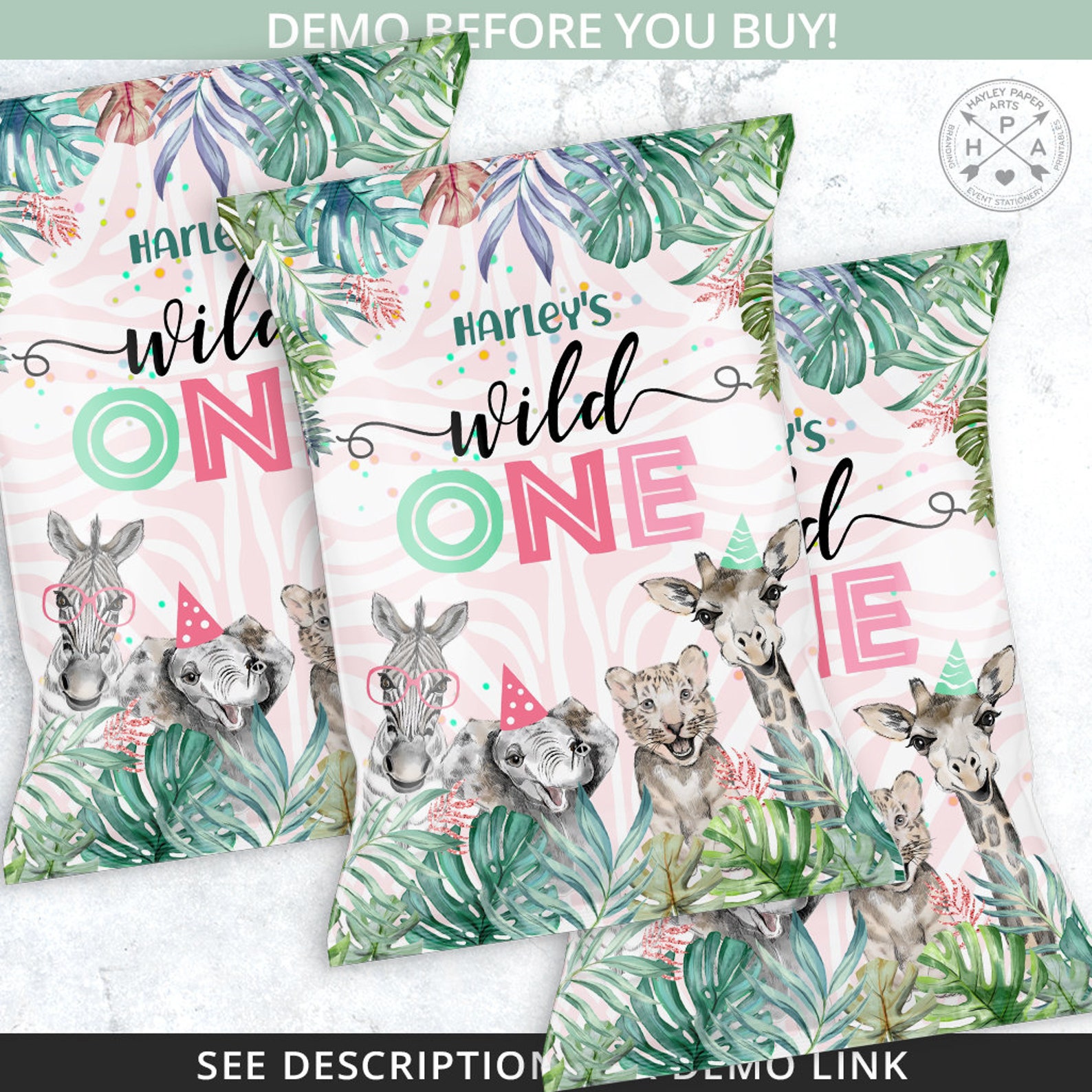 BUNDLE Safari Jungle Wild One Chips Bag, Juice Bags, Water Bottle ...