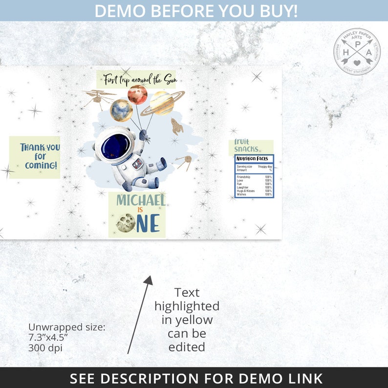 May include: A printable design for a snack-size box featuring an astronaut holding balloons shaped like planets. The text "First trip around the Sun" is at the top of the box. The text "Michael is One" is at the bottom of the box. The box is 7.3 inches by 4.5 inches and 300 dpi.