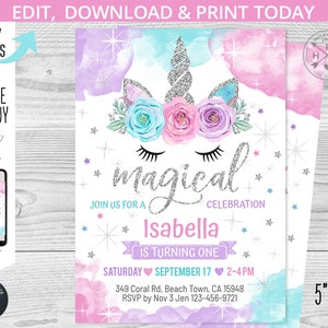 May include: A printable invitation for a first birthday party with a unicorn theme. The invitation features a silver glitter unicorn with a pink and blue watercolor background. The text on the invitation reads "magical celebration" and "Isabella is turning one". The invitation is 5 inches by 7 inches.