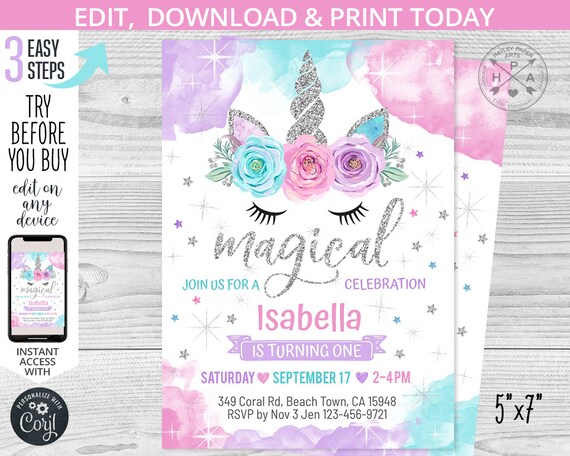 Silver Unicorn birthday magical invitation purple pink glitter aqua girl one magic party invite invitations. Editable template. 064HPA 01 Il_570xn