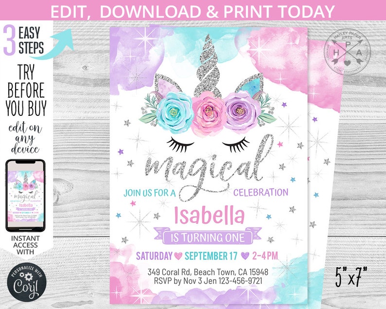 May include: A printable invitation for a first birthday party with a unicorn theme. The invitation features a silver glitter unicorn with a pink and blue watercolor background. The text on the invitation reads "magical celebration" and "Isabella is turning one". The invitation is 5 inches by 7 inches.