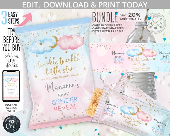 BUNDLE Twinkle little star gender reveal baby shower chips and juice bag, rice krispies bar label favors. Editable printables. 177HPA 44 Il_570xn