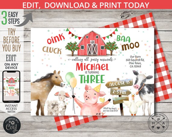 Farm Animals Invitation Boy Girl Red Barn Party Cow Pig - Etsy Farm Animals Invitation Boy Girl Red Barn Party Cow Pig - Etsy