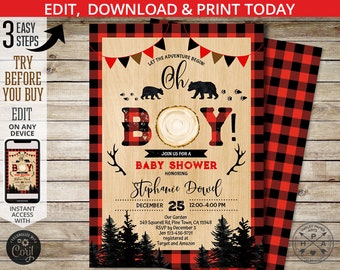 Lumberjack baby shower Oh Boy editable invitation bear black red plaid boy party invite wild woodland bear. Instant template 144HPA 01