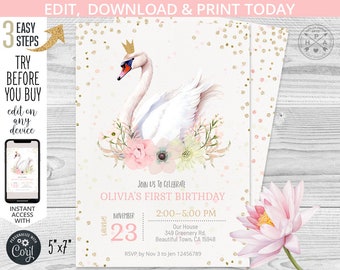 May include: A printable invitation for a first birthday party, featuring a pink and gold colour scheme. The invitation includes a watercolour illustration of a swan wearing a crown, surrounded by flowers. The text on the invitation reads "Olivia's First Birthday" and includes the date, time, and location of the party.