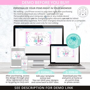 May include: A digital design template for a unicorn birthday party. The template features a pink and blue watercolor background with a silver unicorn and the text "Olivia's magical birthday". The template can be personalized using the Corjl.com app.