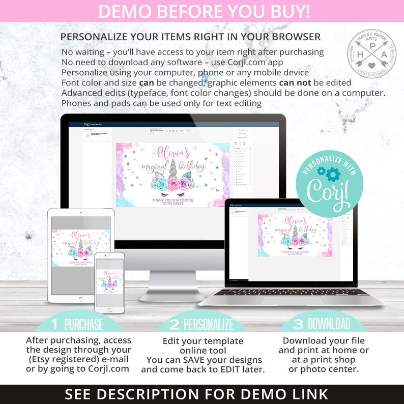 May include: A digital design template for a unicorn birthday party. The template features a pink and blue watercolor background with a silver unicorn and the text "Olivia's magical birthday". The template can be personalized using the Corjl.com app.