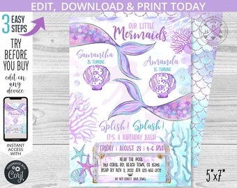 May include: Purple and blue mermaid-themed birthday invitation with a watercolor background. The invitation features two mermaid tails, seashells, and the text "Our Little Mermaids". The invitation is 5 inches by 7 inches.