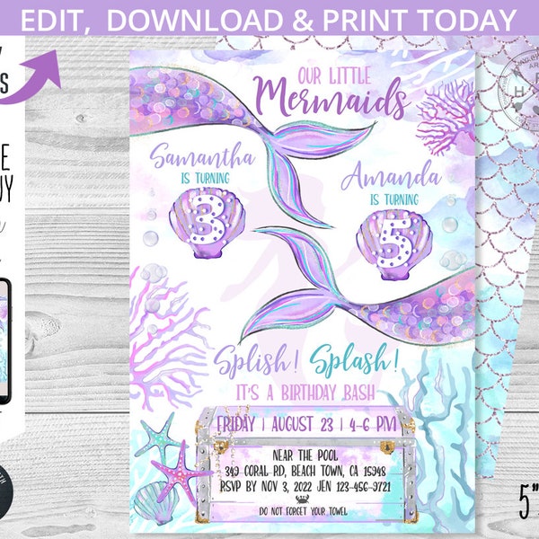 Mermaids joint party invitation birthday purple teal lilac under the sea mermaid tail treasure box invitations. Editable printable 198HPA 07