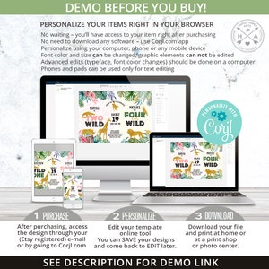 May include: A digital mockup showing how to personalize a jungle-themed birthday invitation using the Corjl.com website. The invitation features a green, pink, and gold color scheme with a giraffe, zebra, and lion graphic. The text on the invitation reads "Two Wild" and "Four Wild".