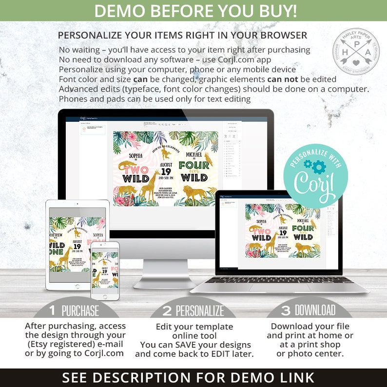 May include: A digital mockup showing how to personalize a jungle-themed birthday invitation using the Corjl.com website. The invitation features a green, pink, and gold color scheme with a giraffe, zebra, and lion graphic. The text on the invitation reads "Two Wild" and "Four Wild".