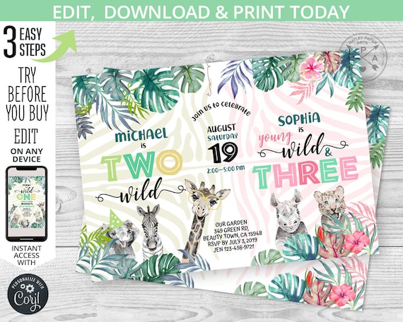 Safari joint party Wild boy TWO girl THREE birthday invitation second 2nd 3rd jungle siblings animals greenery. Editable template. 124HPA 25 Il_570xn