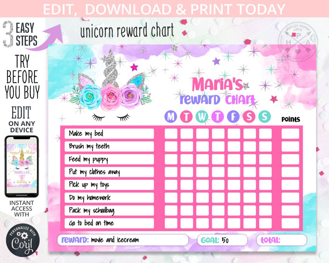 Unicorn Reward Chart for Girls Kids Behavior Daily Chore Charts Daily ...
