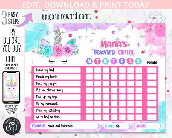 Unicorn reward chart for girls kids behavior daily chore charts daily routine pink magic silver stars. Editable template. 405hpa 064 G Il_570xn