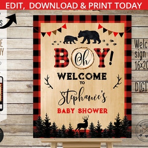 Puede incluir: Un cartel de bienvenida para una fiesta de bienvenida al beb&eacute; imprimible con un fondo de cuadros rojos y negros. El cartel presenta un fondo de madera con el texto "Oh Boy! Bienvenido a la fiesta de bienvenida al beb&eacute; de Stephanie" y una silueta de un ciervo y &aacute;rboles.