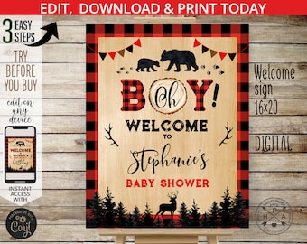 Holzfäller Willkommensschild Baby Shower Bär Plaid Schild Junge wilde Waldparty Gästebuch Bord Poster. Bearbeitbar druckbar. 144HPA 16 B