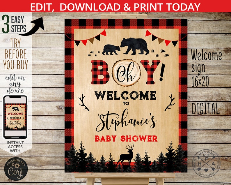 Puede incluir: Un cartel de bienvenida para una fiesta de bienvenida al beb&eacute; imprimible con un fondo de cuadros rojos y negros. El cartel presenta un fondo de madera con el texto "Oh Boy! Bienvenido a la fiesta de bienvenida al beb&eacute; de Stephanie" y una silueta de un ciervo y &aacute;rboles.