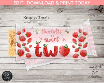Strawberry rice krispies treats labels berry TWO wrapper 2nd second birthday favors krispy crispy treat. Editable printable. 223HPA 32 B