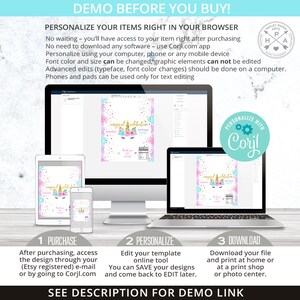Pu&ograve; includere: Un modello di design digitale per una festa di compleanno a tema unicorno. Il modello presenta un unicorno con criniera e coda rosa e blu, circondato da glitter dorati e fiori. Il testo "magical celebration" &egrave; scritto in glitter dorati. Il modello pu&ograve; essere personalizzato utilizzando l'app Corjl.com.