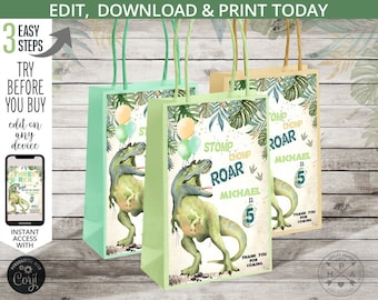 Dinosaur paper bag label, gift labels, T-Rex dino any age boy birthday party, dino-mite favor label. Editable printables. 139HPA 25 A