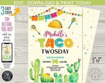 Taco twosday party second 2nd birthday invitation cactus succulent kids invite fiesta. Editable printable card. 116HPA 03