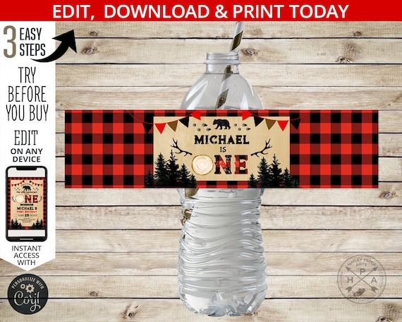 Lumberjack water bottle label ONE red black plaid flannel first birthday bear woodland antlers ...