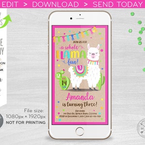 Invitation électronique de fête d'anniversaire de lama toute fiesta d'âge. Tout un plaisir de lama. Invitation numérique par e-mail pour smartphone. 400 HPA E073 01 073 HPA