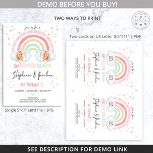 May include: A birthday celebration invitation featuring a rainbow, clouds, and hearts. The text reads "Birthday Celebration Stephanie & Paulina are turning 5." The invitation is available as a single 5"x7" card file or two cards on US Letter 8.5"x11" PDF.