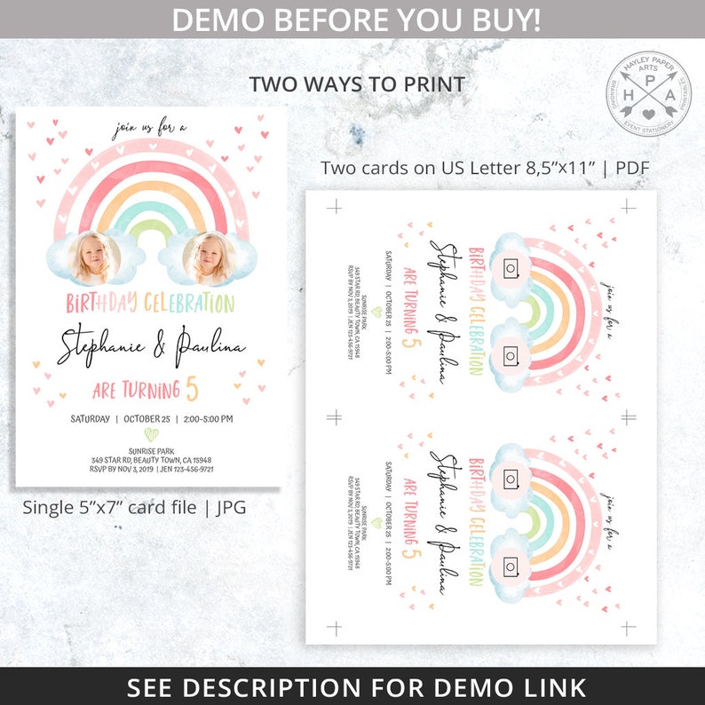 May include: A birthday celebration invitation featuring a rainbow, clouds, and hearts. The text reads "Birthday Celebration Stephanie & Paulina are turning 5." The invitation is available as a single 5"x7" card file or two cards on US Letter 8.5"x11" PDF.