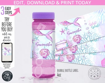 May include: Printable mermaid-themed bubble bottle label with a purple and blue color scheme. The label features a mermaid tail, seashells, and the text "Samantha is 5". The label is designed for a 40 oz bottle.