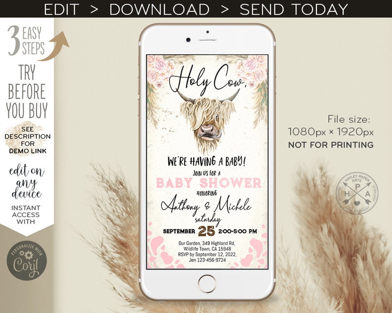 Holy Cow Baby Shower Evite Electronic Highland Cow Girl Pink Etsy