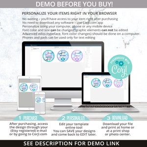 May include: A digital mockup showing how to personalize printable mermaid-themed party favor tags using the Corjl.com website. The tags feature a mermaid, a shark, and the text "Mermaid Sharks".