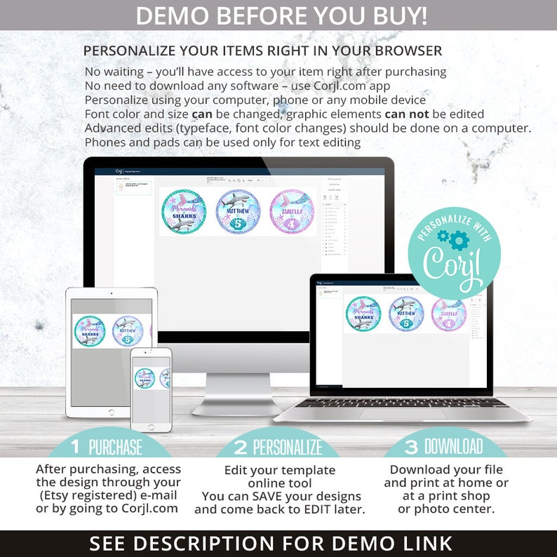 May include: A digital mockup showing how to personalize printable mermaid-themed party favor tags using the Corjl.com website. The tags feature a mermaid, a shark, and the text "Mermaid Sharks".