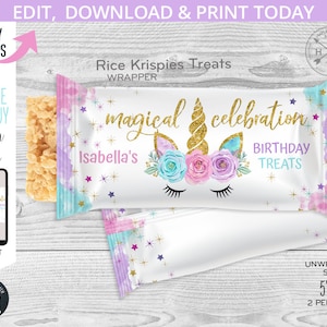 Unicorn magical rice krispies treats wrapper label, unicorn favors, any age birthday party rice krispie treat editable template. 046HPA 32 A