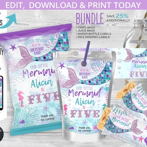 May include: A mermaid-themed party bundle featuring chip bags, juice bags, water bottle labels, and Rice Krispies labels. The design includes a mermaid tail, seahorses, and the text "Our Little Mermaid Alicia is Five". The bundle is in shades of purple, teal, and blue.