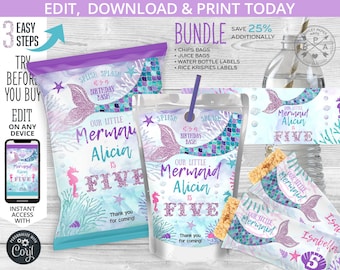 BUNDLE Mermaid chips bag, juice bags, water bottle labels, rice krispies label, chips pouch, wrapper, birthday. Editable template. 060HPA 55