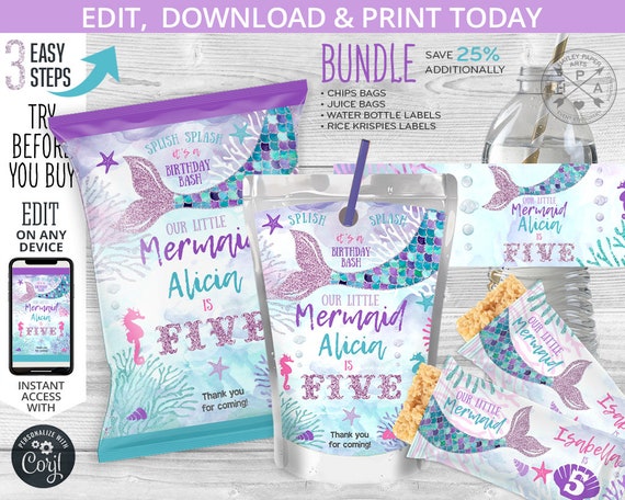 BUNDLE Mermaid chips bag, juice bags, water bottle labels, rice krispies label, chips pouch, wrapper, birthday. Editable template. 060HPA 55 Il_570xn