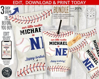 May include: Baseball-themed party favor bags with a white background and red stitching. The bags feature a baseball, a blue number one, and the text "our little rookie Michael is one" and "happy birthday!"