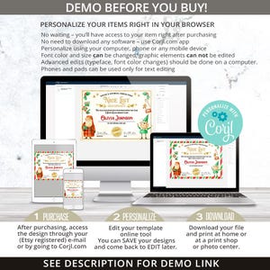 K&ouml;nnte beinhalten: Ein digitales Weihnachtsvorlagen-Design, das auf verschiedenen Ger&auml;ten angezeigt wird. Das Design zeigt ein "Nice List"-Zertifikat mit Illustrationen von Weihnachtsmann und Elf. Der Text "DEMO BEFORE YOU BUY!" steht oben.