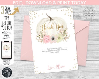May include: A white card with a watercolor pumpkin and the words "Thank You" in gold script. The card is decorated with pink and white flowers and gold glitter. A pink envelope is behind the card. Text on the card says "Edit, Download & Print Today".