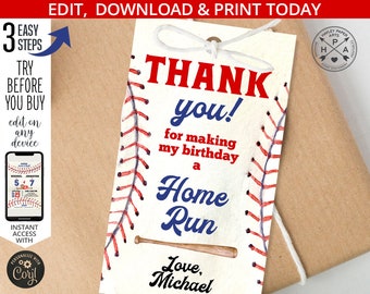 Könnte beinhalten: Baseball-bedrucktes Dankeschön-Etikett in den Farben Rot, Weiß und Blau. Das Etikett zeigt einen Baseball mit roten Nähten, einen Baseballschläger und den Text "THANK you! for making my birthday a Home Run Love, Michael".