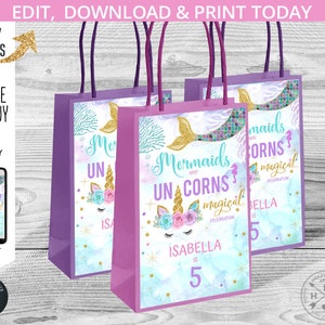 Jednorożec syrenka papierowa torba prezent 5"x8" etykiety. Jednorożce syreny fioletowy różowy magiczny uchwyt urodzinowy upominek na wynos. Edytowalny. 061HPA 12 A
