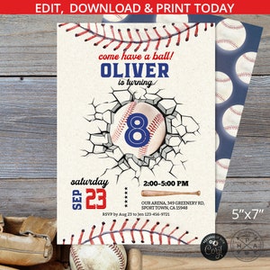 Invitación de cumpleaños de béisbol azul marino rojo fiesta de niño invita al novato del año al juego de pelota de bateador deportivo. Diseño de tarjeta editable. 291HPA 01