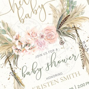 May include: Boho-themed baby shower invitation with a floral arrangement of pink roses and greenery, feathers, and the text "Join us for a baby shower honoring Kristen Smith".