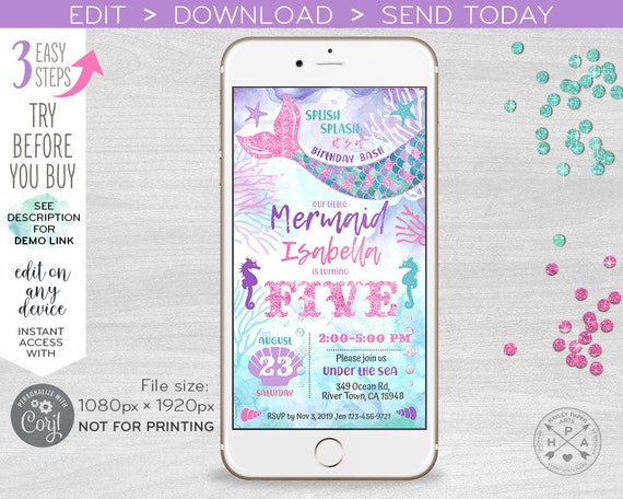 Mermaid five any age electronic birthday under sea invitation smartphone e-vite pink glitter digital invite Instant download. E060 24 060HPA Il_570xn